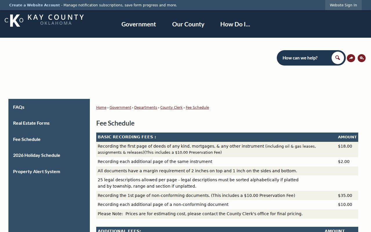 Kay County warrant records, county fee schedule and public-record access