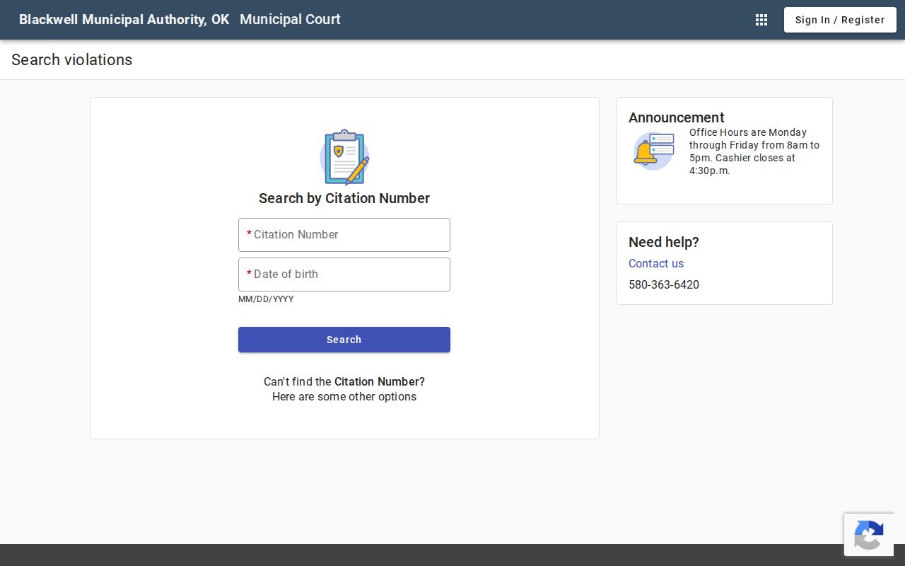 Kay County warrant search, Blackwell municipal portal search fields